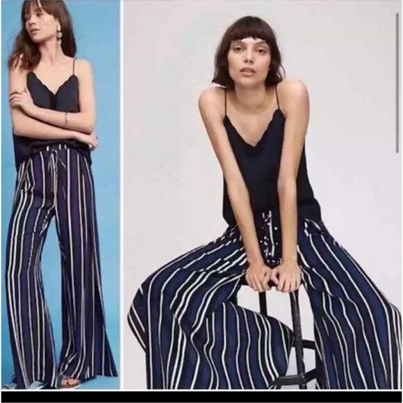 Maeve Anthropologie Stripe Pull on Pants Wide Leg Boho Blue Black White Sz M - Picture 1 of 6